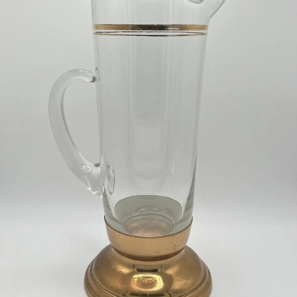 Vintage 60s MCM Glass Pitcher Brass Bottom With 6 Coupe Glasses W/ Gold Trim
